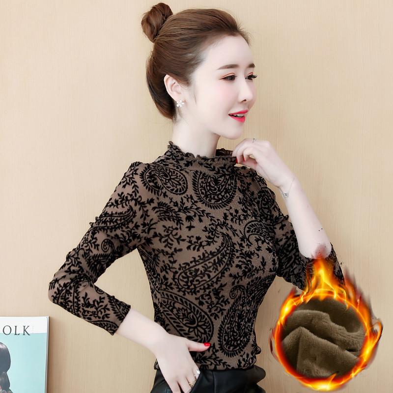 Pofulove Plus Women's Long Sleeve Mesh In Winter Fashion Velvet Half Turtleneck Bottoming Shirt