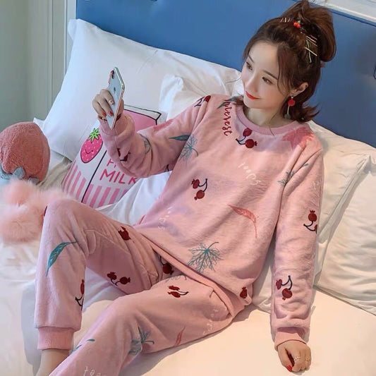 Household Indoor Coral Velvet Thickened Women's Pajamas Flannel Plus Velvet Outer Wear Home Suit