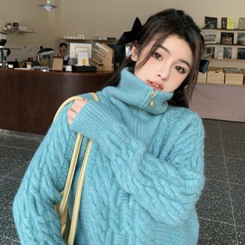 Retro Twist Zipper High Neck Pullover Sweater Women Loose Long-sleeved Lapel Cropped Top Autumn Winter