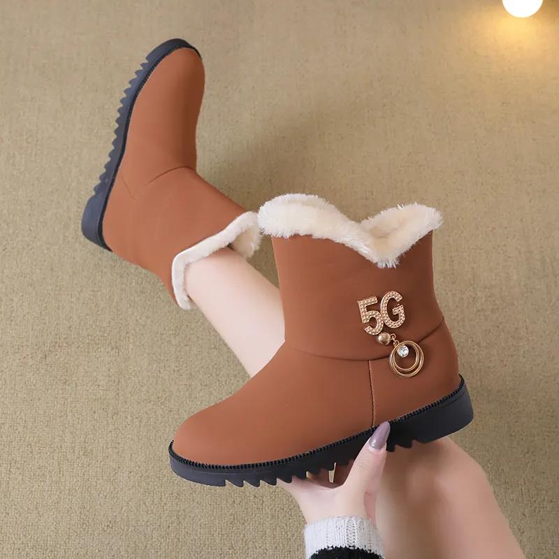 Women's Boots 2021 Winter Plush Nubuck Leather Sleeve Fashion Wedge Heel Faux Plush Warm Comfortable