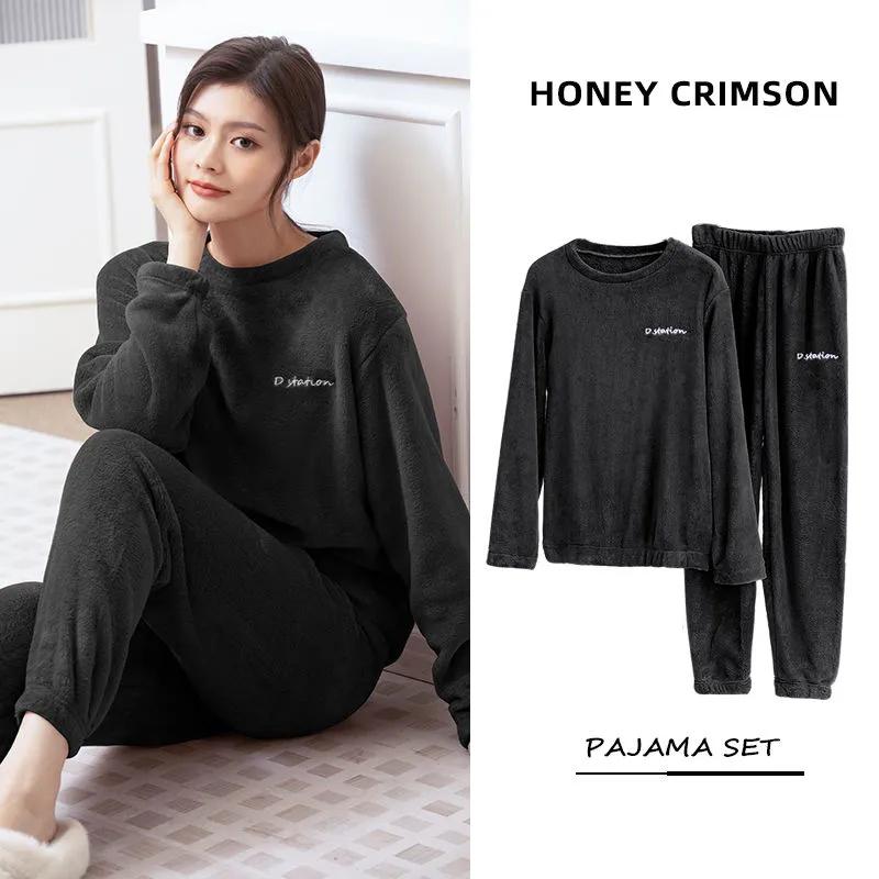 Pajamas for Women Men Coral Fleece Pyjamas Set Autumn Winter Sleepwear Suit Flannel Home Wear Loose Casual Velvet Warm Top and Pants Sets Long Sleeve