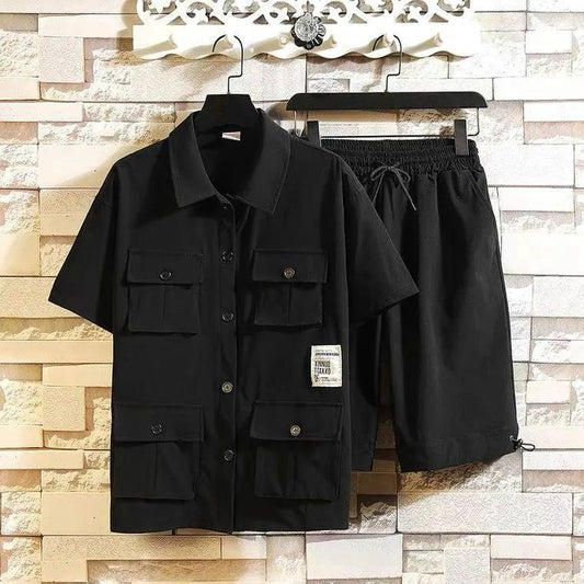 Men's Suit Tooling Shirt Short-sleeved Five-point Pants Trend Casual Loose Net Red Two-piece Suit