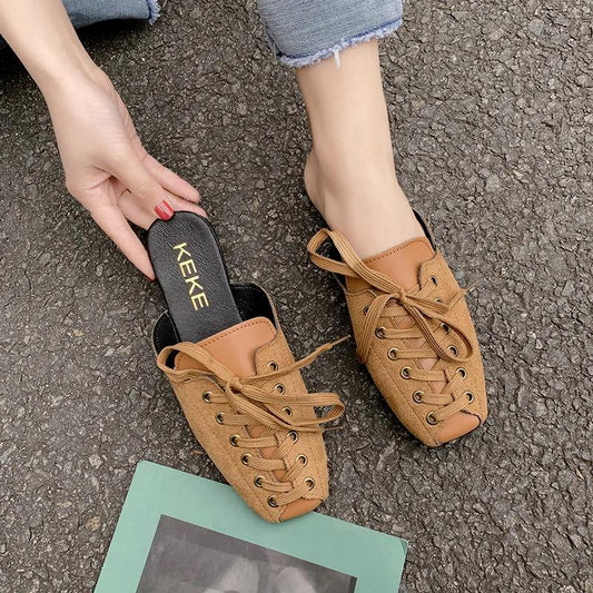 Half Slippers Women's Outer Wear Spring and Summer All-match Fashion Society Square Toe Flat Sandals Women