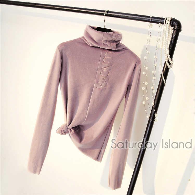 Letter Embroidered Warm Winter Velvet Turtleneck Pullovers Long Sleeve Women's Thicken Sweater Lady