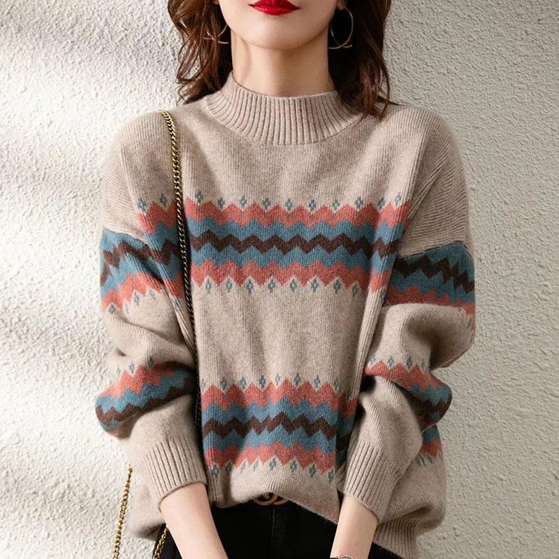 Sweater Women's Pullover Color Striped Knitwear Korean Loose Top Trending Sweater Autumn and Winter Fluffy Lazy Style