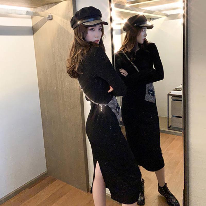 Pofulove dress winter was thin long-sleeved bottoming dress black long skirt autumn women tide