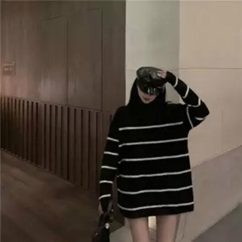 Pofulove Wild Thickened Knit Tide Winter Warm Long Striped Turtleneck Sweater Girl Student Loose