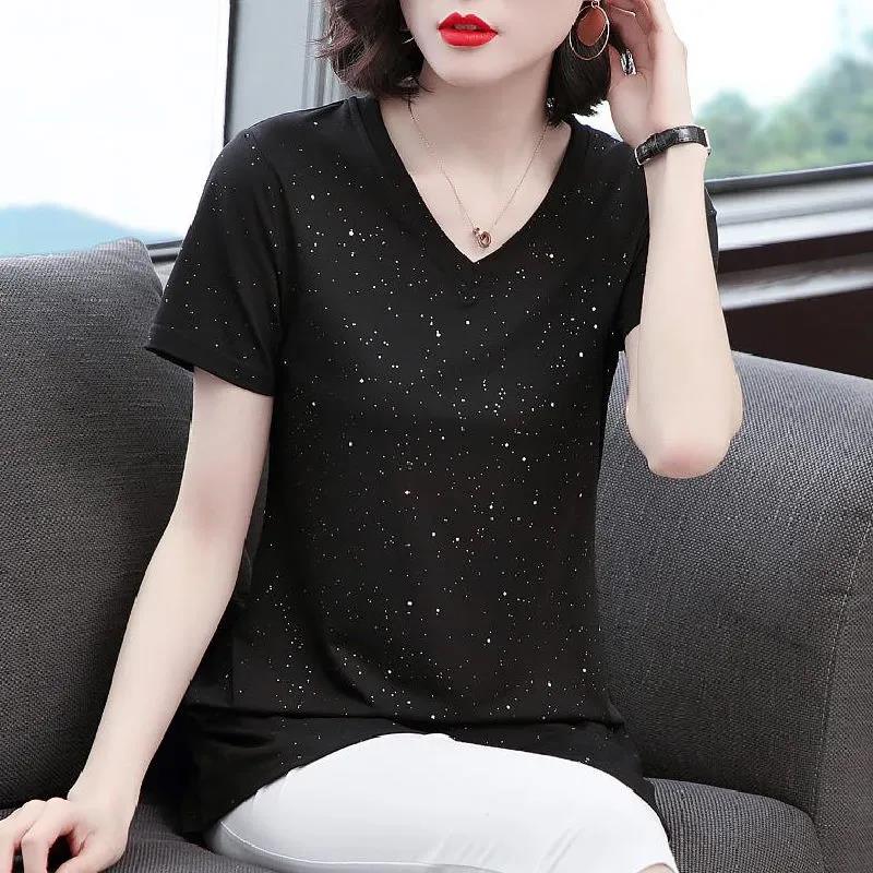Women's Summer Short Sleeve Mid Length V-Neck Large Size Loose T-Shirt
