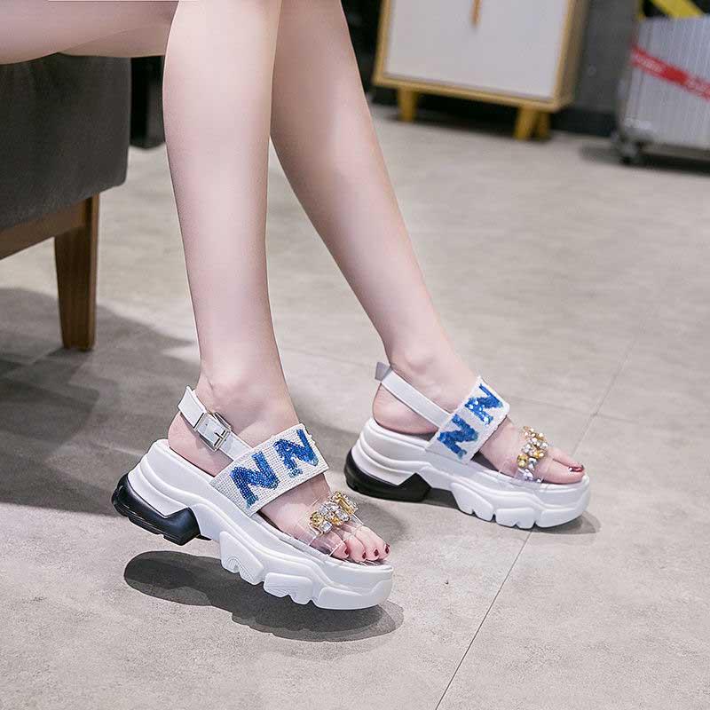 Size35-39 Summer Women Shiny Slippers Outdoor Crystal High Heels Bohemian Beach Wear-resistant Non-slip Slippers Wedge Platform Rhinestone Sandals