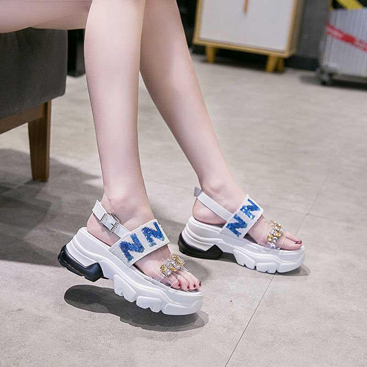 Size35-39 Summer Women Shiny Slippers Outdoor Crystal High Heels Bohemian Beach Wear-resistant Non-slip Slippers Wedge Platform Rhinestone Sandals
