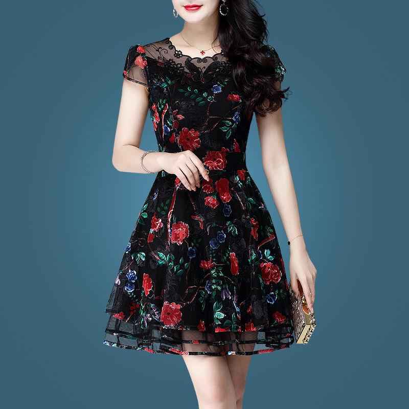 Fashion Summer Embroidered Dress Midi Embroidery Mesh Lace Dress Short Sleeve Party Dress