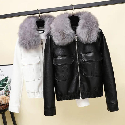 Autumn and Winter Leather Jacket Korean Version of The Short Big Fur Collar Motorcycle Jacket Thick Black Leather Jacket