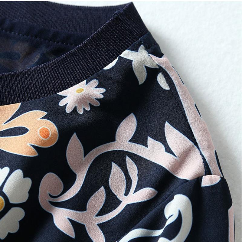 Ethnic Print Silk Dress Summer Round Neck Loose Plus Size Knee-length Light and Cool Floral A-line skirt