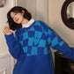 Checkerboard Sweater Long-sleeved Women Loose Retro Outer Wear Top Knitted Sweater Casual Ladies Autumn Winter