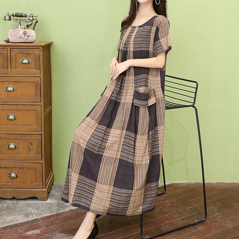 Mother Middle-aged Summer Cotton and Linen Dress Plus Size 100kg Loose Casual Linen Long Skirt Over The Knee