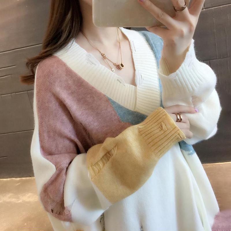 Autumn Women's V-neck Sweater Loose Outer Wear Basement Knit Top Women's Loose Sweet Hollow Long Sweater Comfortable Inside