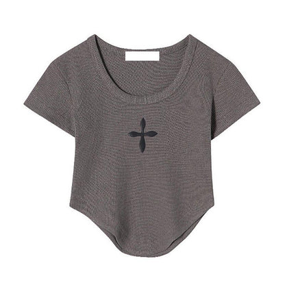 Waffle T-shirt Women's Short Sleeve Off Shoulder Top Irregular Curved Hem U Neck Retro Top
