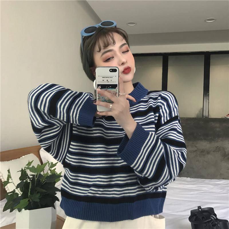 Pofulove Autumn Winter Striped Retro Sweater Short Loose Wild bf Harajuku Style Sweater Women