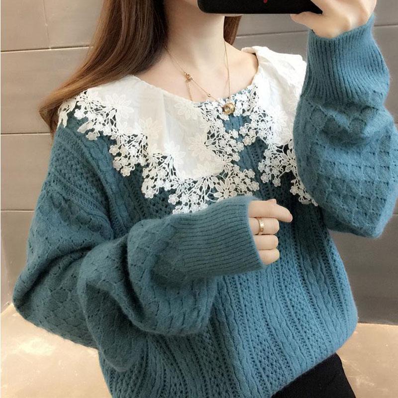Spring and Autumn Loose Sweater Outer Wear Doll Collar Knitted Top Cute Style Lace Collar Female Sweater