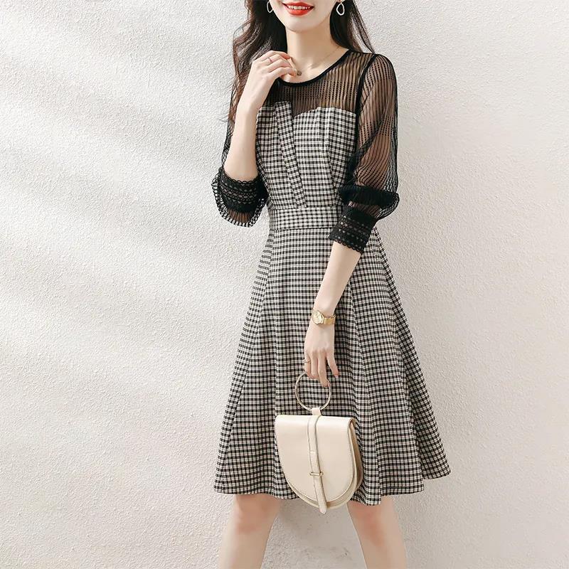Dress Women's 2021 Spring and Autumn Waist Waist Slimming Plaid A-line Dress