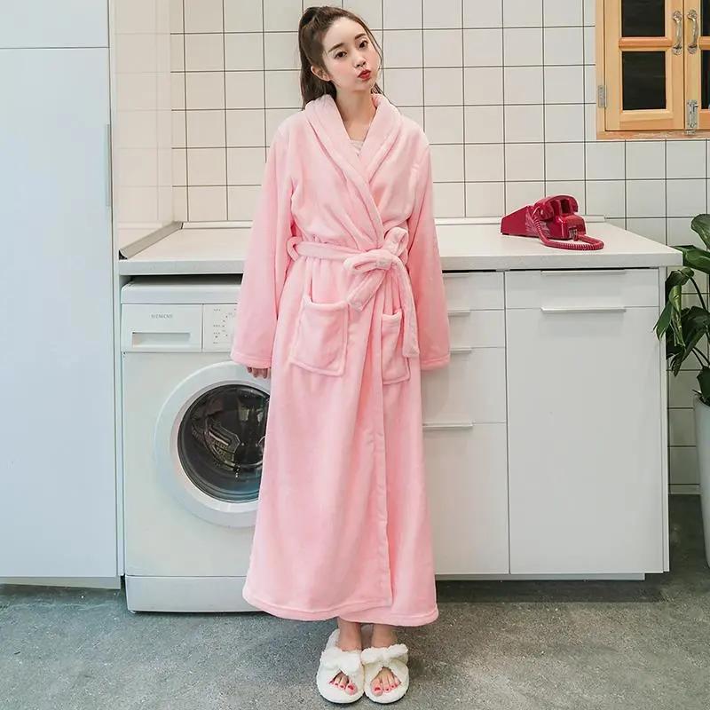Thickened Flannel Nightgown Women's Plus Size Extended Length Coral Fleece Bathrobe Autumn Winter Long-sleeved Loose Homewear