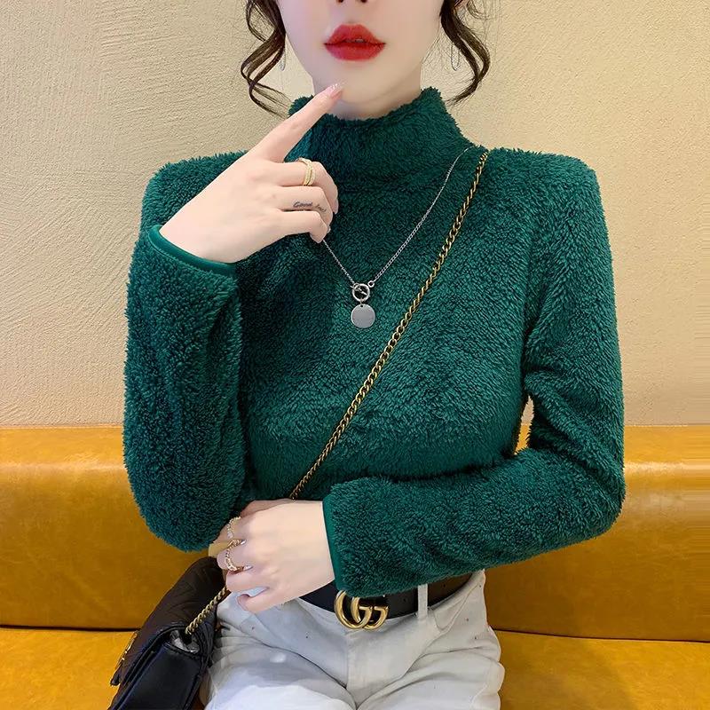 Double Sided Coral Fleece Turtleneck Bottoming Shirt Winter Fashion Warm Plush Top Solid Color Women's Pullover