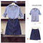 Pofulove 2 Piece Skirt Set Women Summer Half Sleeve Striped Shirt Denim Skirt Two Piece Set for Work