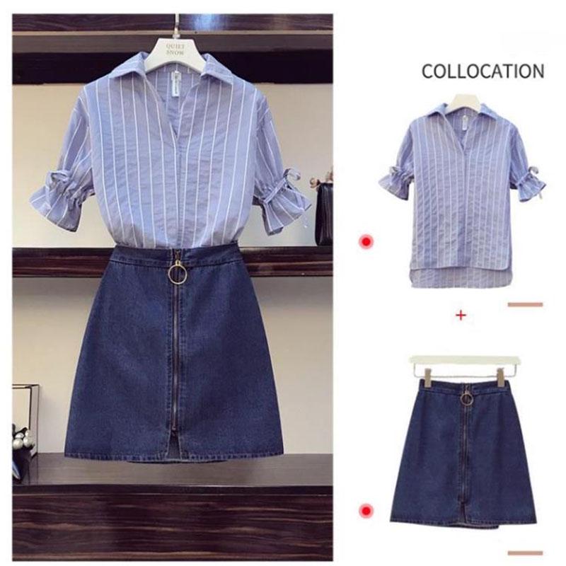 Pofulove 2 Piece Skirt Set Women Summer Half Sleeve Striped Shirt Denim Skirt Two Piece Set for Work