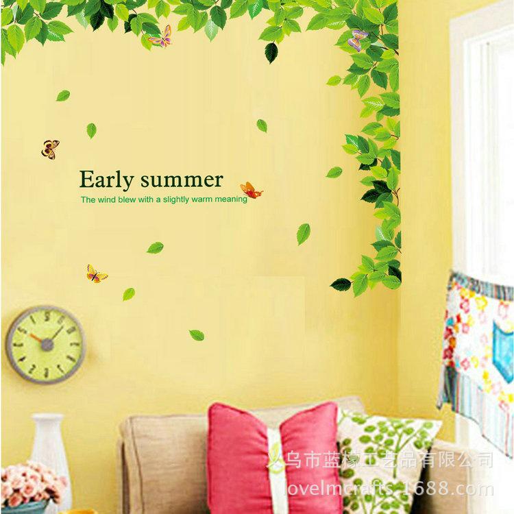 Pastoral green living room bedroom sofa new green leaves wall stickers early summer wallpaper