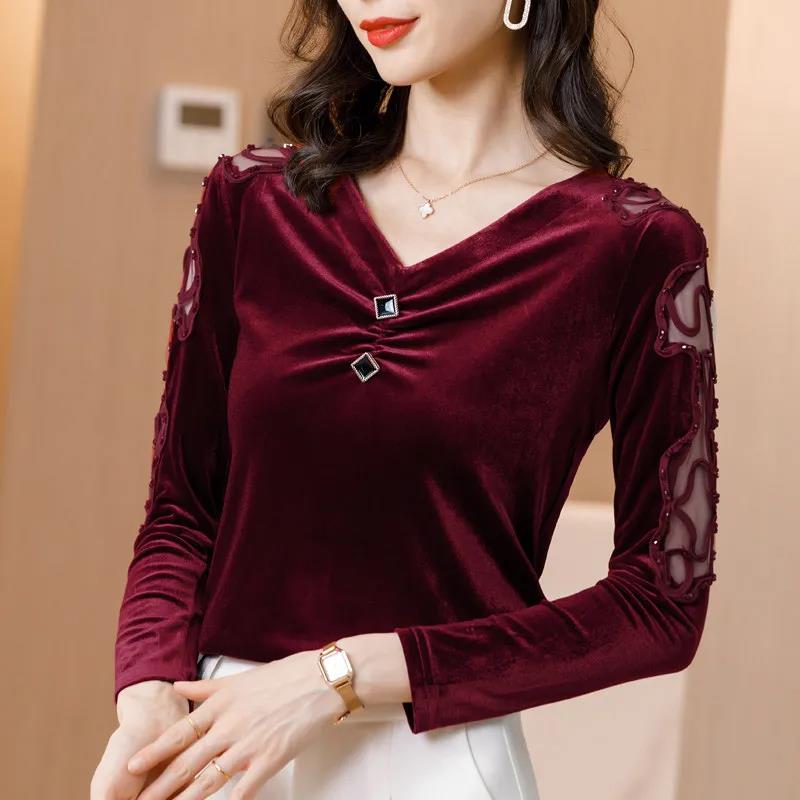 Ladies Blouse Pleuche Top Women's Autumn and Spring Lace Hollow out V-neck Long Sleeve Pullover