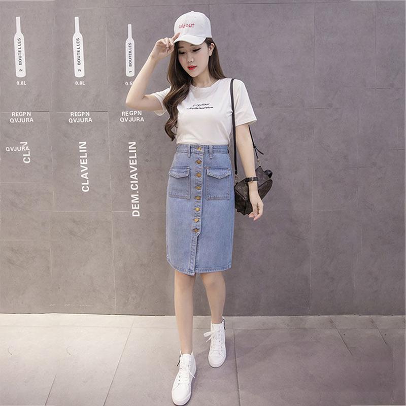 Women Sexy Solid Pocket Buttons Split Denim Skirt High Waist Above Knee Hip Skirt Casual Club Home Office