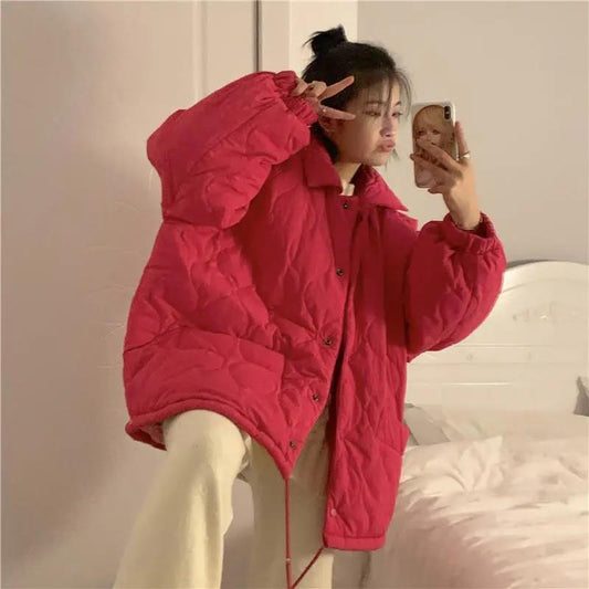 Korean Version of Loose All-match Blouse for Female Students In Long Rhombic Cotton Jacket Plus Size Women's Clothing