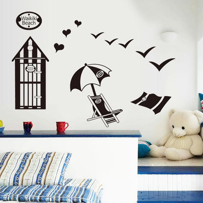 Black cage sea beach seagull removable pvc wall sticker bedroom living room kindergarten wallpaper