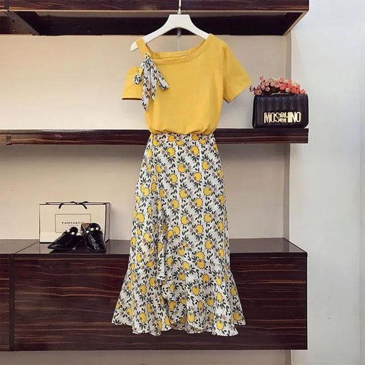 Summer Bow Knot One-shoulder Top Printed Skirt Suit Women's Summer Cool Breathable Chiffon A-line Skirt Short-sleeved T-shirt Two-piece Set