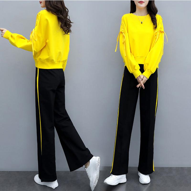 Suit Long-sleeved Shirt + Loose Wide-leg Pants Two-piece Loose Casual Sportswear Suit Female Outdoor Sports Suit Casual Home Wear