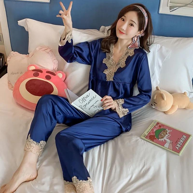 Women's Long Sleeve Silk Polyester Pajamas Spring Autumn Sexy Ladies Ice Silk Thin Lace Homewear Set Loose Breathable Pyjamas Solid Glossy Nightgowns