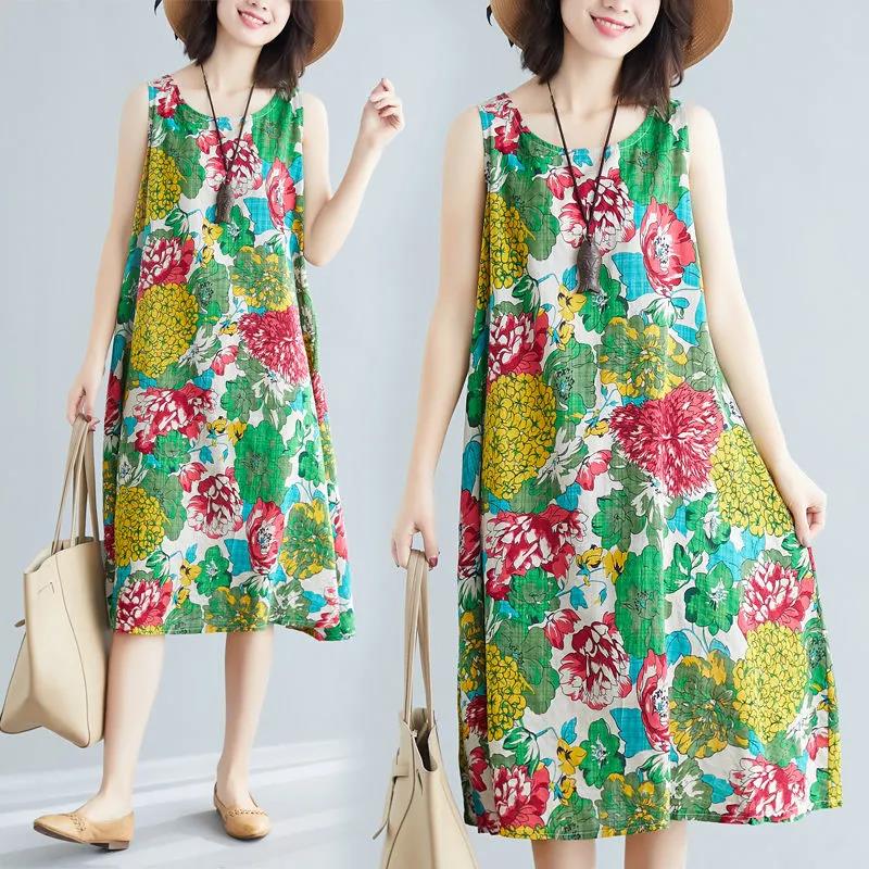 Ethnic Style Big Swing Dress Female Summer Sleeveless Sling Large Size Printing Mid-length Skirt Fabric Is Light Breathable Loose and Comfortable