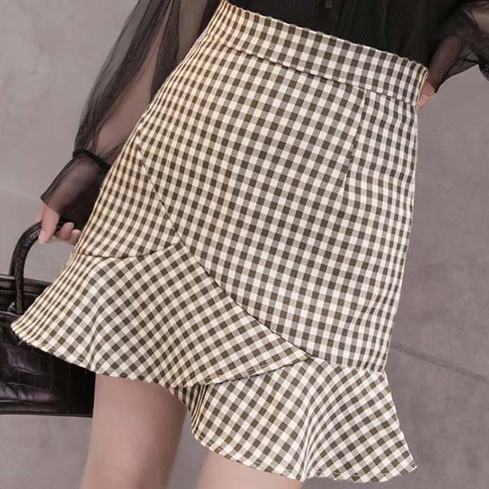 Pofulove Women Anti-light Skirt High Waist Slim Sexy Plaid Mermaid Hip Skirt A-line Short Skirts