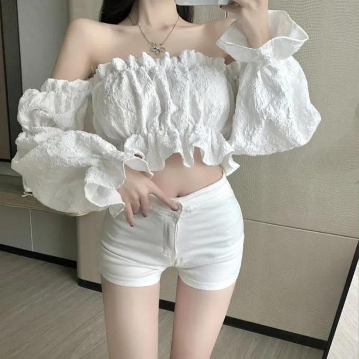 Lantern Sleeve Summer Shirt One-Shoulder Top Jacquard Slim Short Sexy T-Shirt Shirts