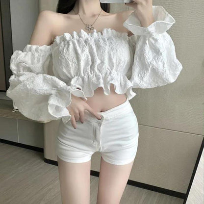 Lantern Sleeve Summer Shirt One-Shoulder Top Jacquard Slim Short Sexy T-Shirt Shirts