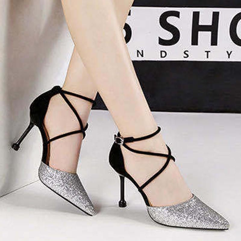 Crystal Sequins Pointed Toe High Heels Stiletto Buckle Hollow Single Shoes Cross Strap Women Sandals