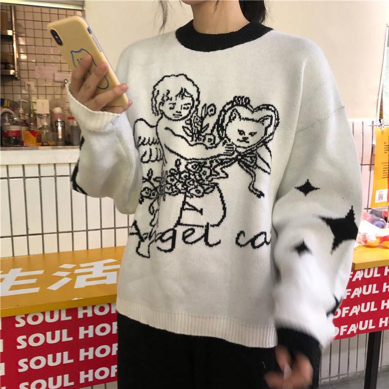 Pofulove Sweet Fresh Autumn Winter College Style Loose Hedging Round Neck Student Knitted Sweater