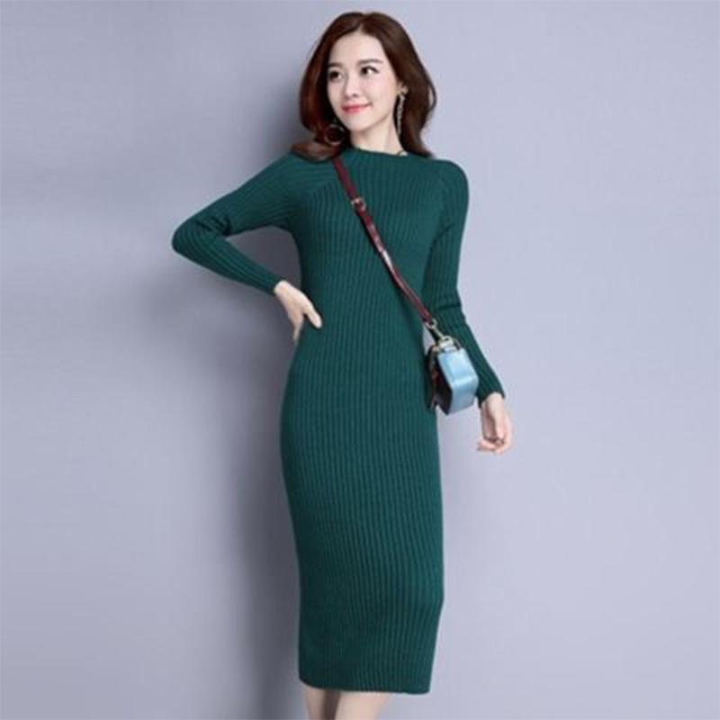 Spring and Autumn Super Long Knitted Dress Women's Slim Bottoming Shirt Half Turtleneck Thickened Sweater Skirt Over The Knee