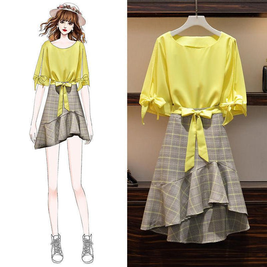 Women Summer Elegant Short Sleeve Skirt Suit Round Neck Vintage Two-piece Set Slim Holiday Skirt Set