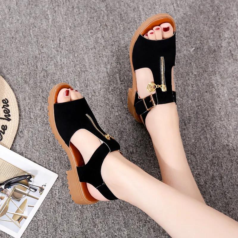 Summer Women Sandals Platform Wedges Sandals Leather Swing Peep Toe Casual Shoes Women Walk Shoes Flats