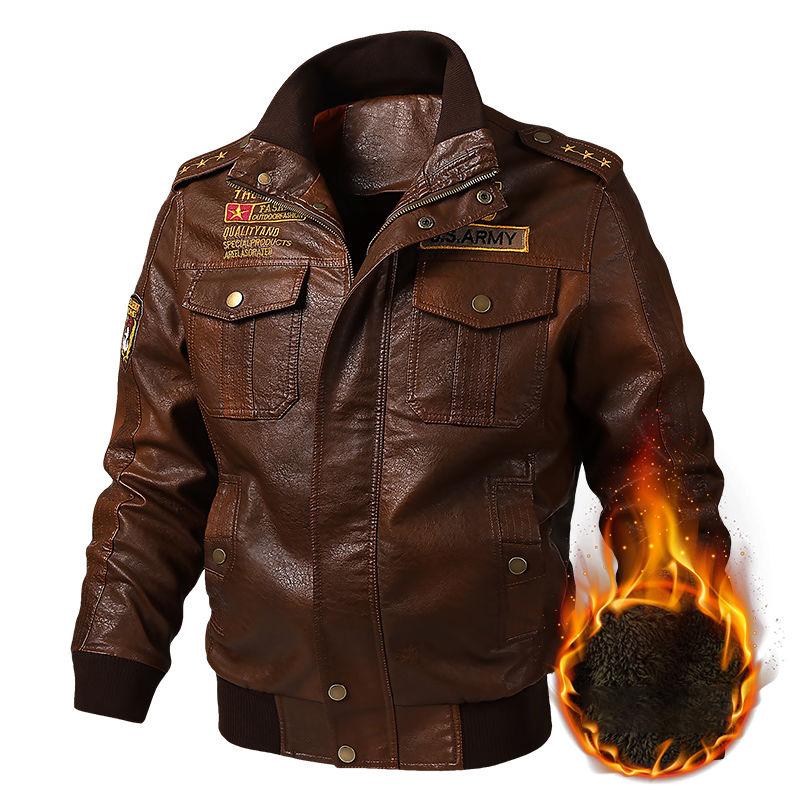 Retro plus velvet military uniform men's leather bomber leather jacket Slim stand-up collar PU casual plus size motorcycle suit