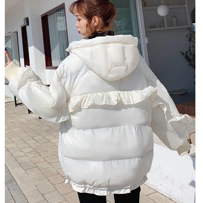 Winter Clothes New Personality Women's Down Jacket Candy Color Hooded Drawstring Ruffled Sleeves Fashionable White Duck Down Loose Coat
