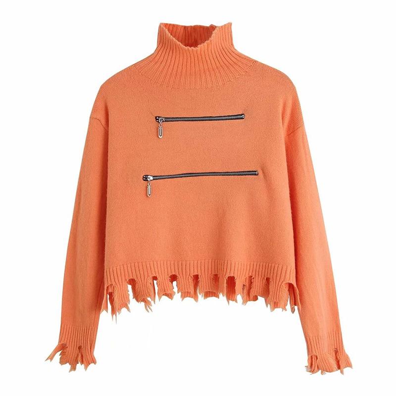 Women's Solid Color Trendy Fashion Zipper Slim Bottoming Sweater High Neck Tassel Short Knit Sweater
