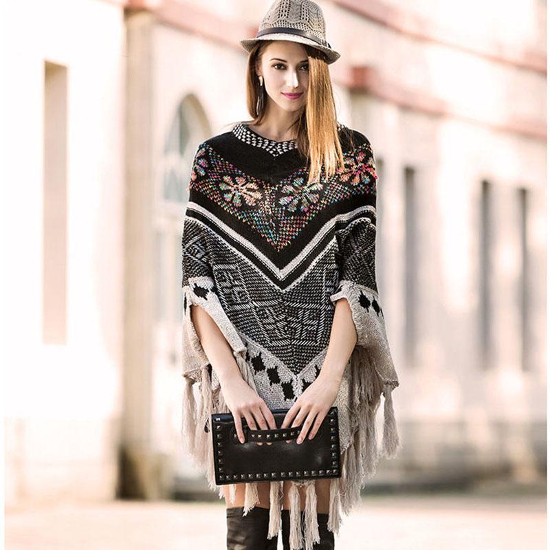 Bohemian Ethnic V-neck Sweater Women's Mid-length Pullover Cape Shawl Batwing Sweater Coat Tassel Sweater Autumn Winter