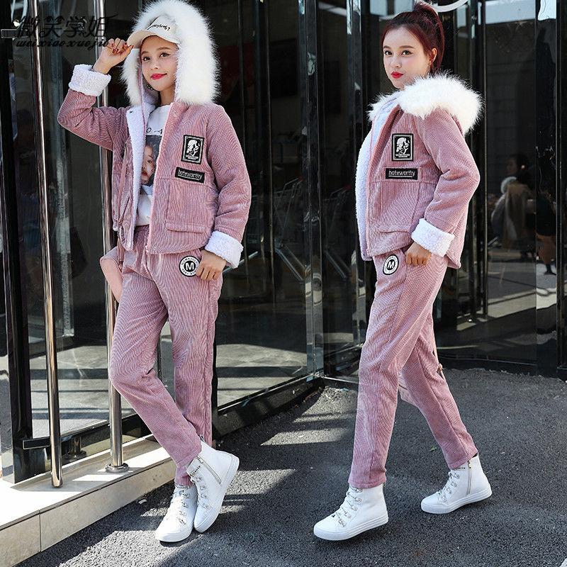 2pcs/set Winter Parka Women Fleece Liner Hooded Parka Coat+ Pant Two-piece Set Ladies Causual Warm Jacket   Outwear Outfits